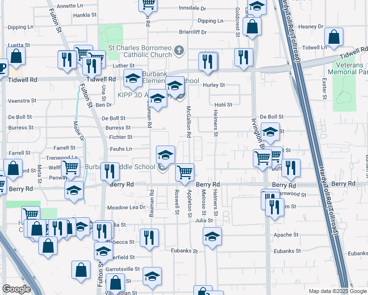 map of restaurants, bars, coffee shops, grocery stores, and more near 8600 McGallion Road in Houston