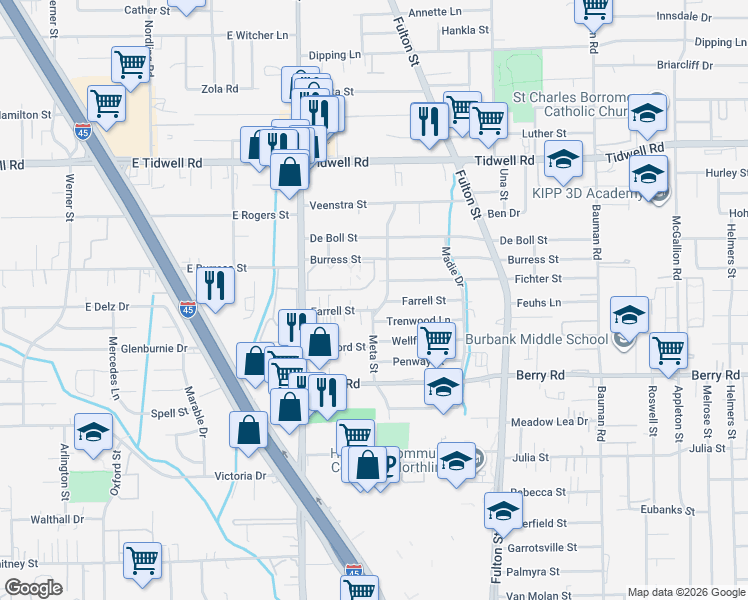 map of restaurants, bars, coffee shops, grocery stores, and more near 6 Burress Street in Houston