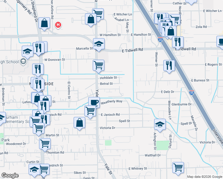 map of restaurants, bars, coffee shops, grocery stores, and more near 5050 Yale Street in Houston