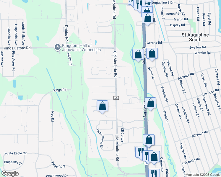 map of restaurants, bars, coffee shops, grocery stores, and more near 109 Moultrie Crossing Lane in St. Augustine