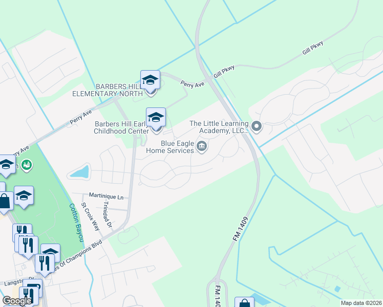 map of restaurants, bars, coffee shops, grocery stores, and more near Oaklawn Drive in Mont Belvieu