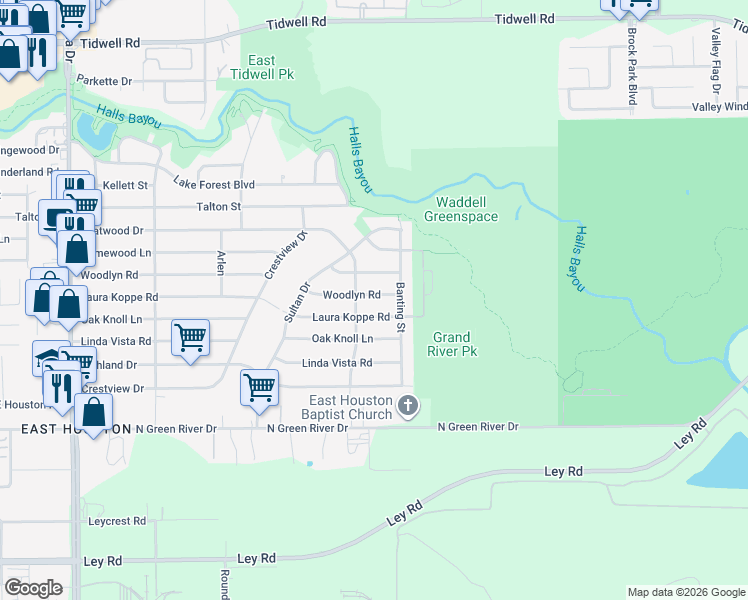 map of restaurants, bars, coffee shops, grocery stores, and more near 9331 Woodlyn Road in Houston