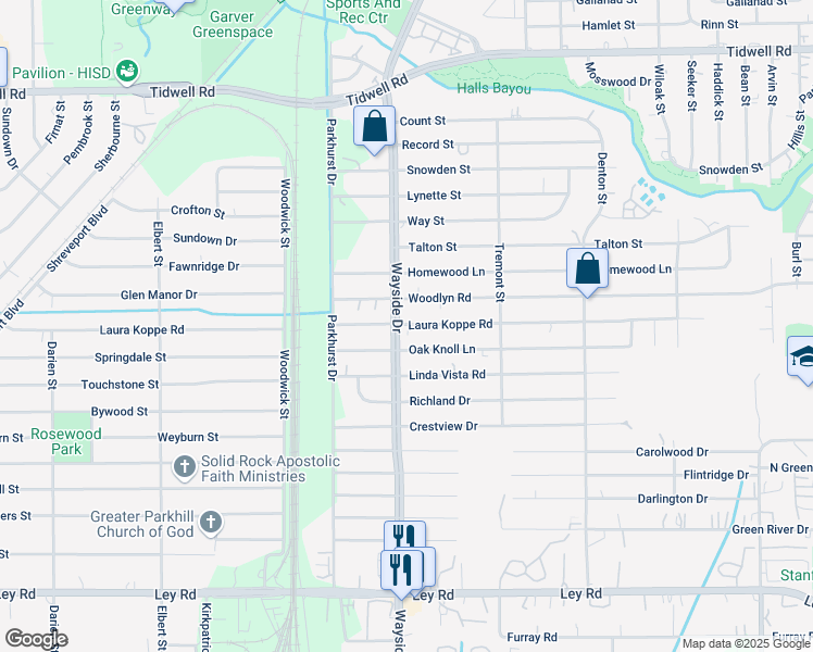 map of restaurants, bars, coffee shops, grocery stores, and more near 7846 Woodlyn Road in Houston
