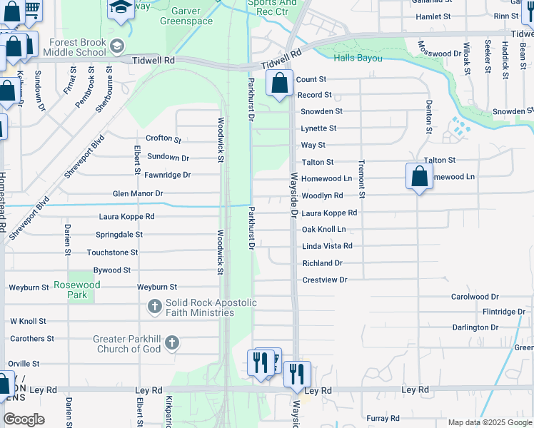map of restaurants, bars, coffee shops, grocery stores, and more near 7822 Woodlyn Road in Houston