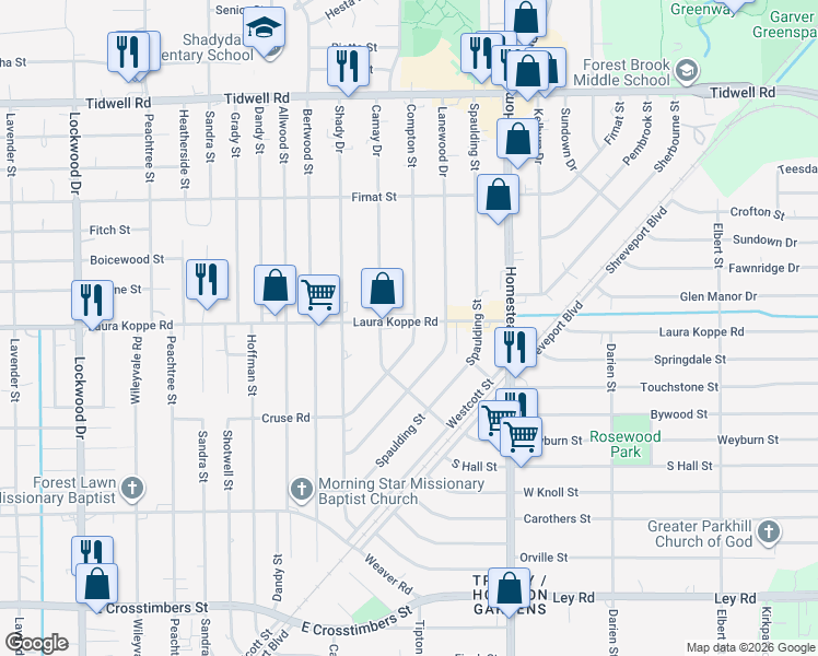 map of restaurants, bars, coffee shops, grocery stores, and more near 6405 Laura Koppe Road in Houston