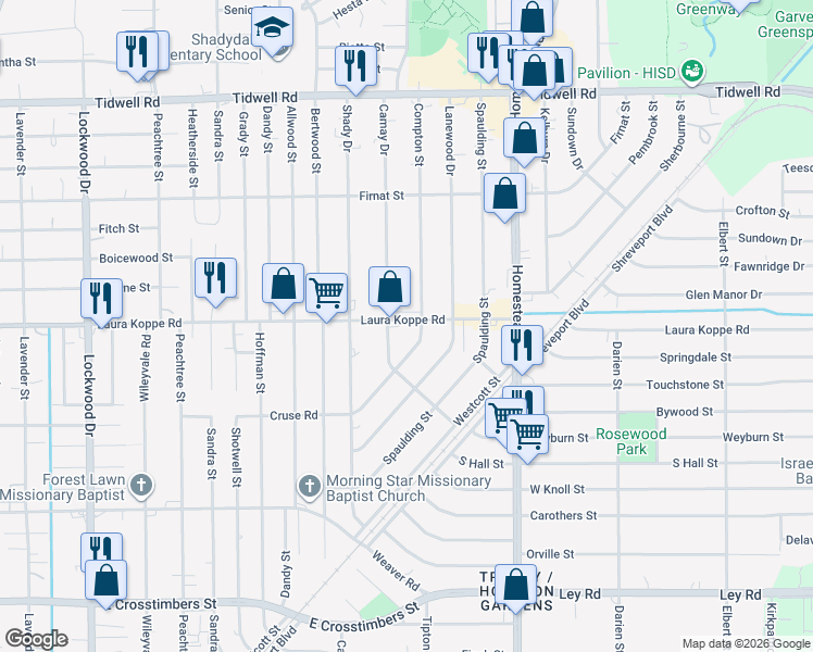 map of restaurants, bars, coffee shops, grocery stores, and more near in Houston
