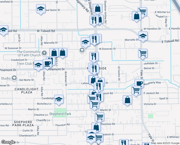 map of restaurants, bars, coffee shops, grocery stores, and more near 712 Pinemont Drive in Houston