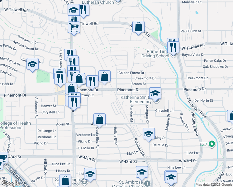 map of restaurants, bars, coffee shops, grocery stores, and more near 5100 Pinemont Drive in Houston