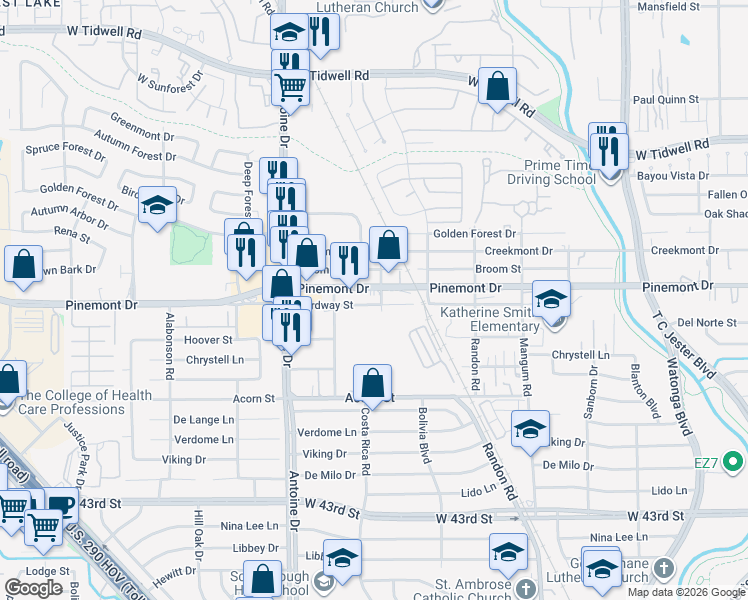 map of restaurants, bars, coffee shops, grocery stores, and more near 5250 Pinemont Drive in Houston