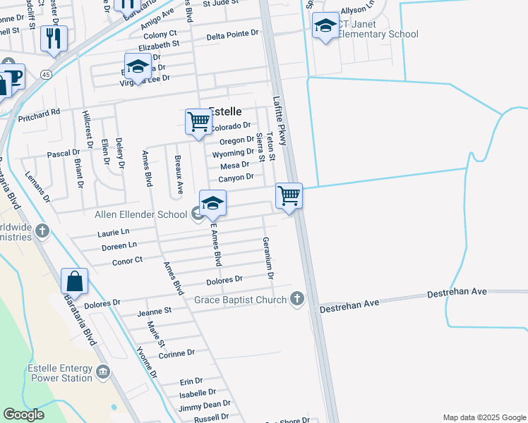 map of restaurants, bars, coffee shops, grocery stores, and more near 2524 Misty Meadows Drive in Marrero