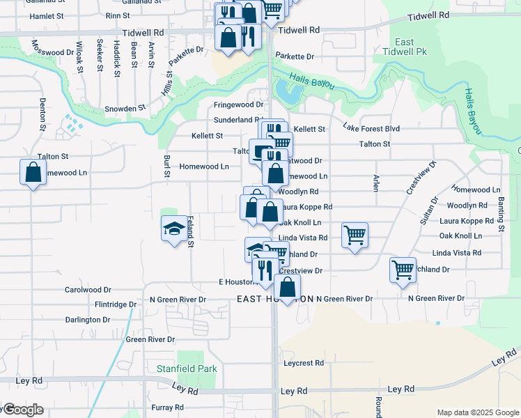 map of restaurants, bars, coffee shops, grocery stores, and more near 8605 Mesa Drive in Houston