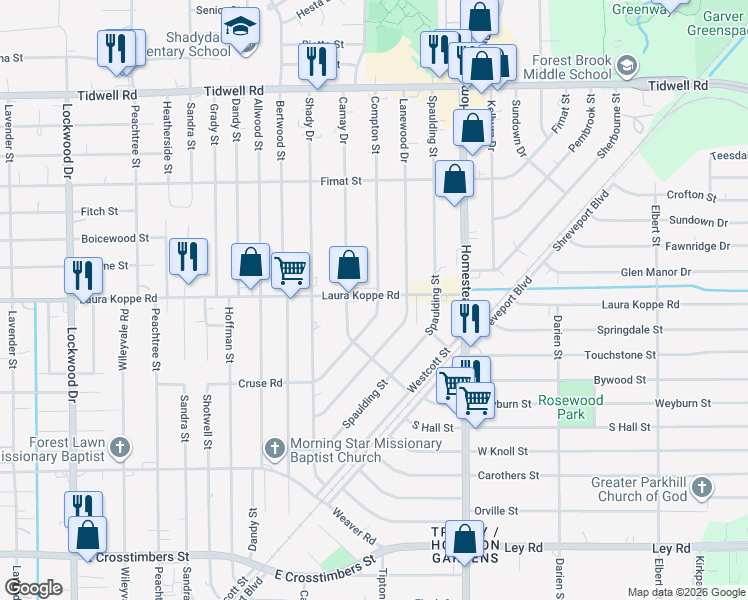 map of restaurants, bars, coffee shops, grocery stores, and more near 6405 Laura Koppe Road in Houston