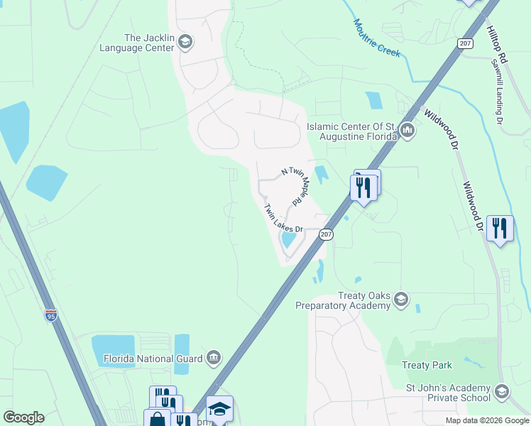 map of restaurants, bars, coffee shops, grocery stores, and more near 241 Twin Lakes Drive in St. Augustine
