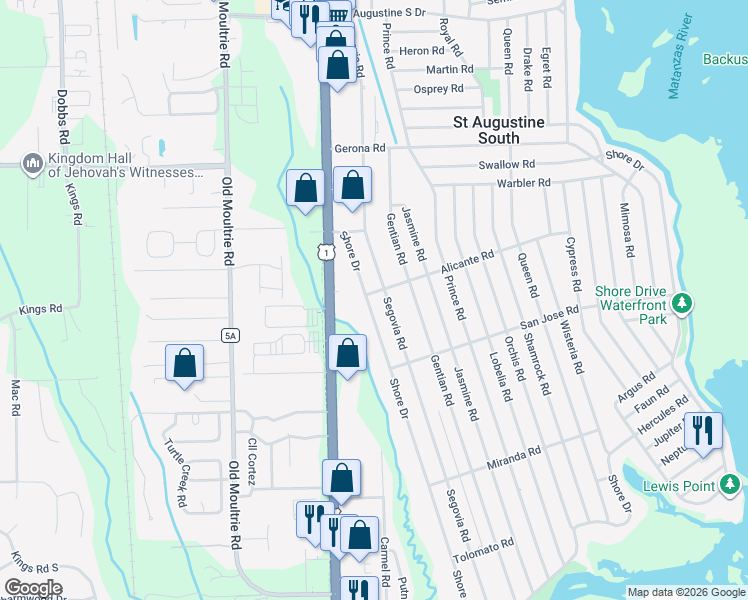 map of restaurants, bars, coffee shops, grocery stores, and more near 5401 Shore Drive in St. Augustine