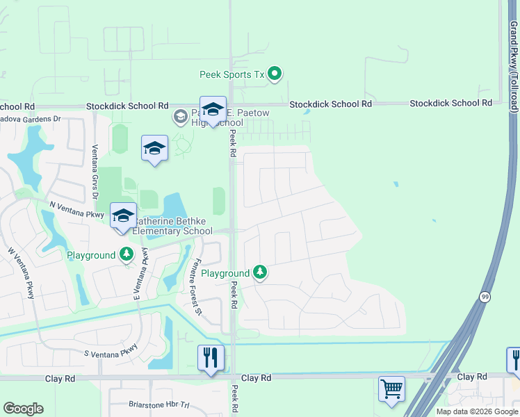 map of restaurants, bars, coffee shops, grocery stores, and more near Peek Road in Katy