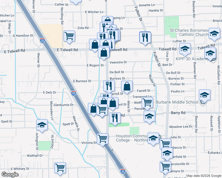 map of restaurants, bars, coffee shops, grocery stores, and more near 5112 Airline Drive in Houston
