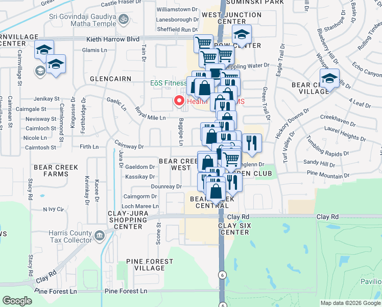 map of restaurants, bars, coffee shops, grocery stores, and more near 16322 Moary Firth Drive in Houston