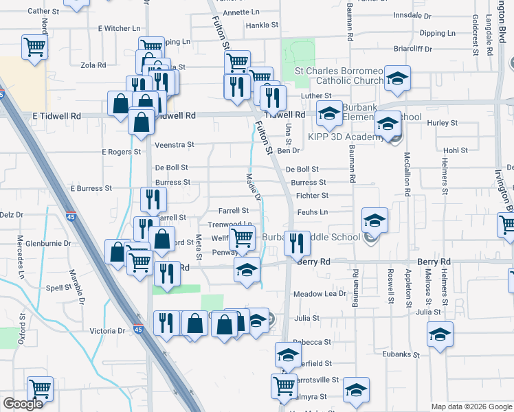 map of restaurants, bars, coffee shops, grocery stores, and more near 78 Fichter Street in Houston