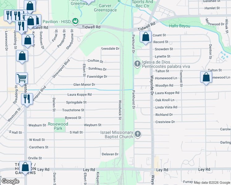 map of restaurants, bars, coffee shops, grocery stores, and more near 7637 Laura Koppe Road in Houston