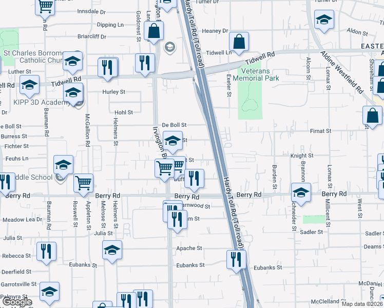map of restaurants, bars, coffee shops, grocery stores, and more near 1318 Firnat Street in Houston