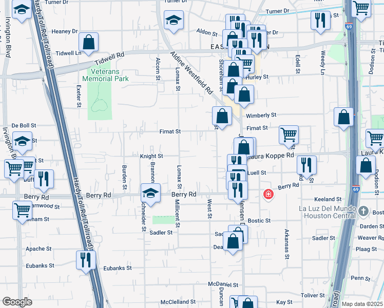 map of restaurants, bars, coffee shops, grocery stores, and more near 8814 Lomax Street in Houston