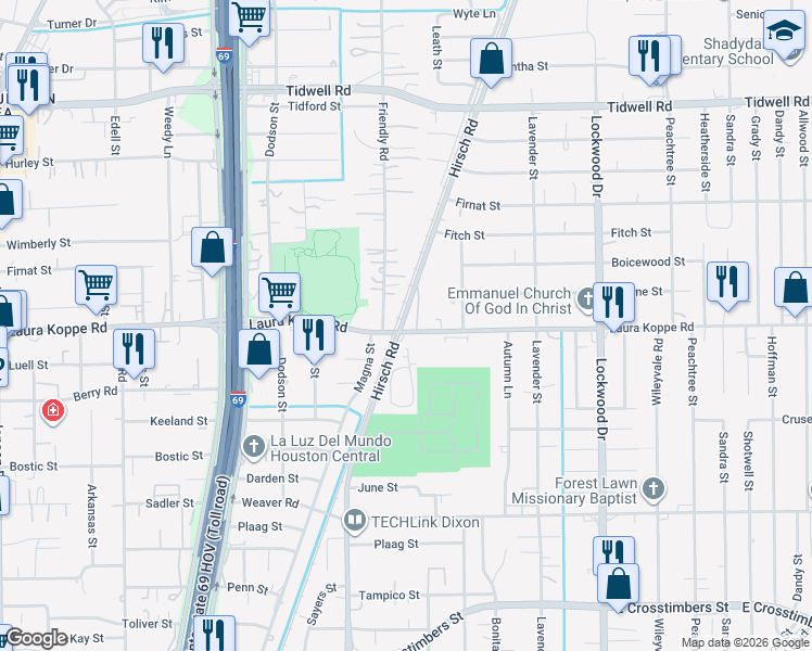 map of restaurants, bars, coffee shops, grocery stores, and more near 8910 Hirsch Road in Houston