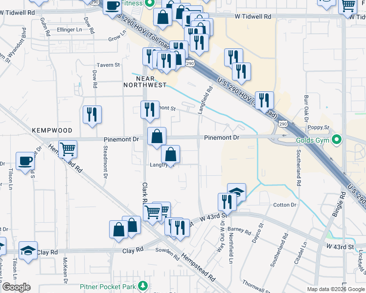 map of restaurants, bars, coffee shops, grocery stores, and more near 7425 Pinemont Drive in Houston