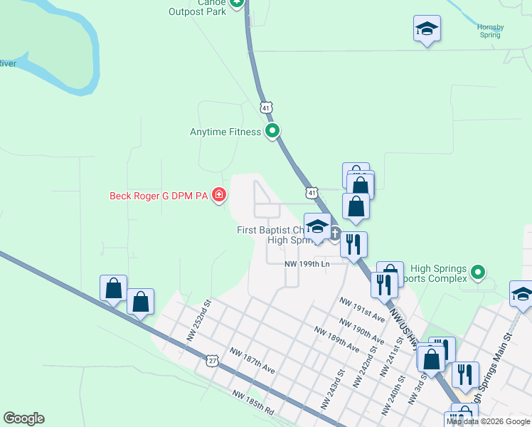 map of restaurants, bars, coffee shops, grocery stores, and more near 20282 Northwest 249th Way in High Springs