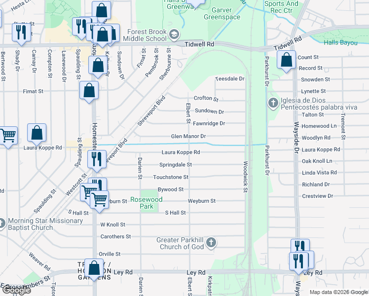 map of restaurants, bars, coffee shops, grocery stores, and more near 8622 Elbert Street in Houston