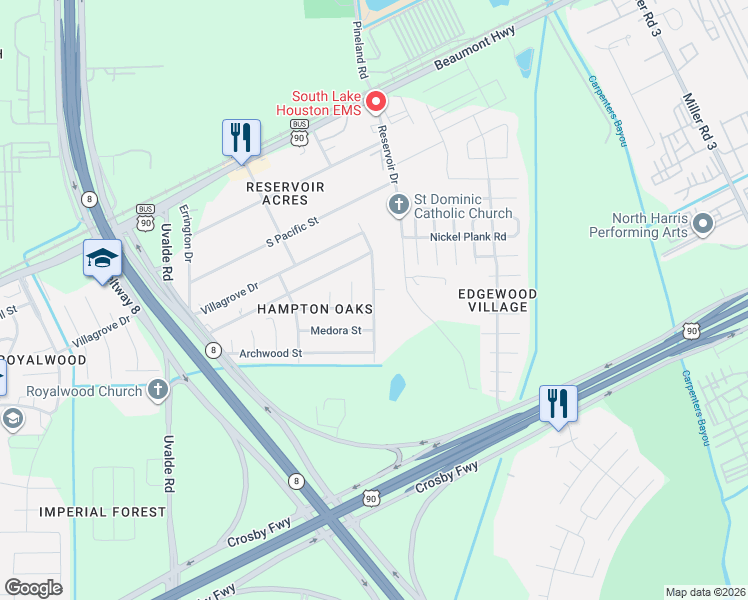 map of restaurants, bars, coffee shops, grocery stores, and more near 8005 Round Rock Dr in Houston