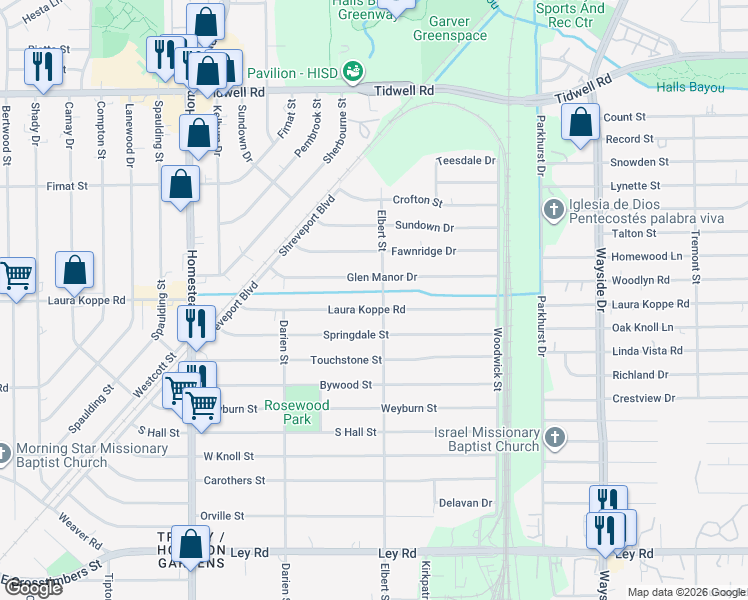 map of restaurants, bars, coffee shops, grocery stores, and more near 8622 Elbert Street in Houston
