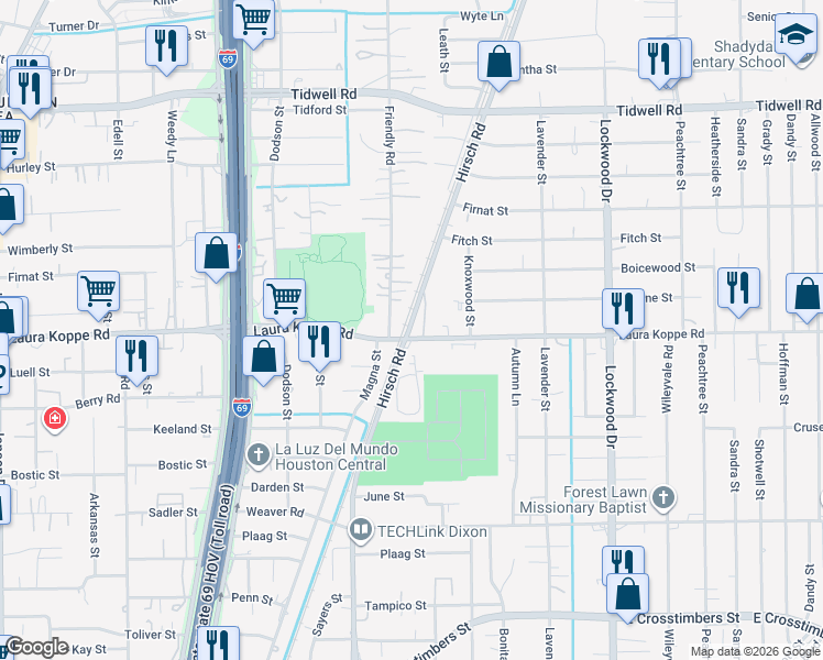 map of restaurants, bars, coffee shops, grocery stores, and more near 8910 Hirsch Road in Houston