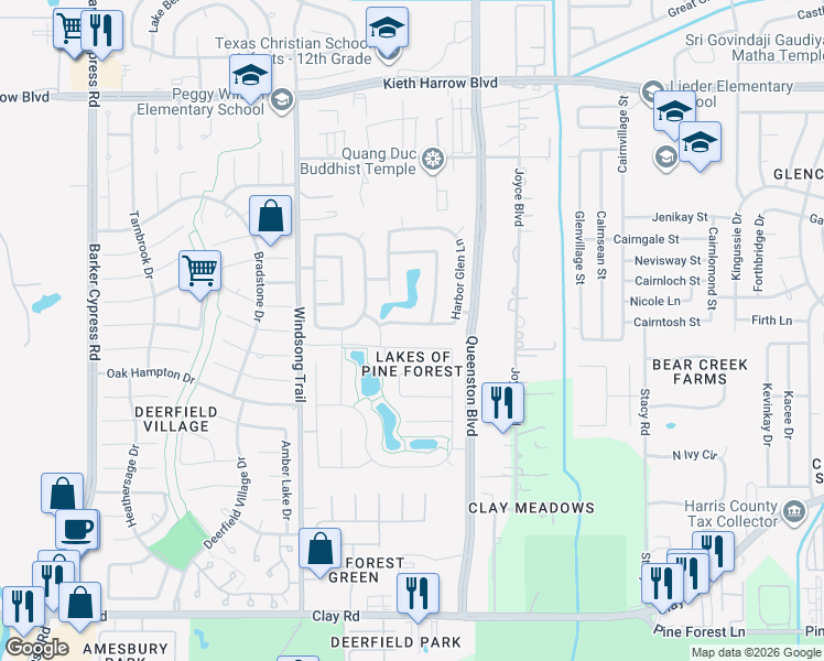 map of restaurants, bars, coffee shops, grocery stores, and more near 17718 Windsor Grove Lane in Houston