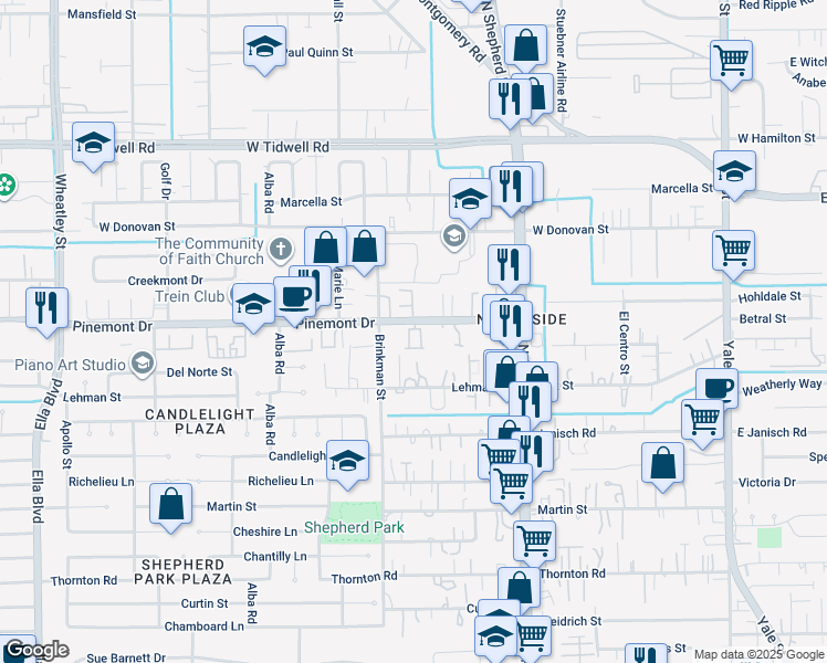 map of restaurants, bars, coffee shops, grocery stores, and more near 811 Pinemont Drive in Houston