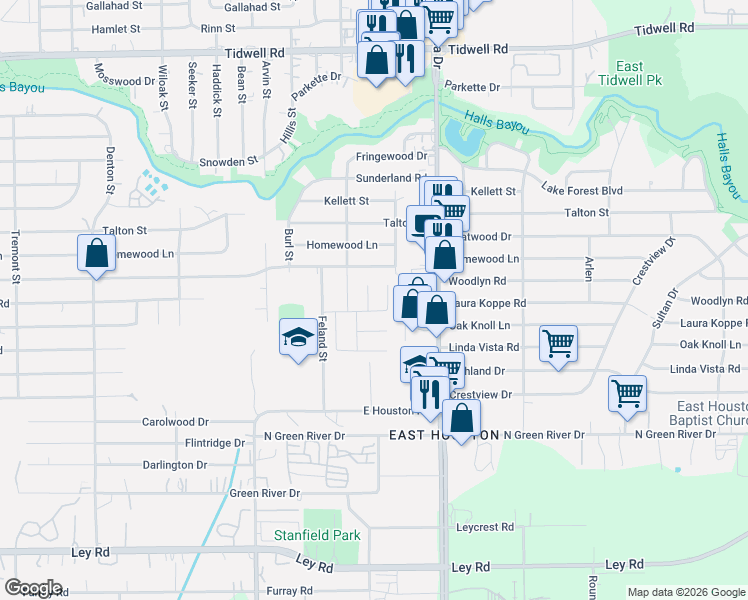 map of restaurants, bars, coffee shops, grocery stores, and more near 8714 J C Oaks Circle in Houston
