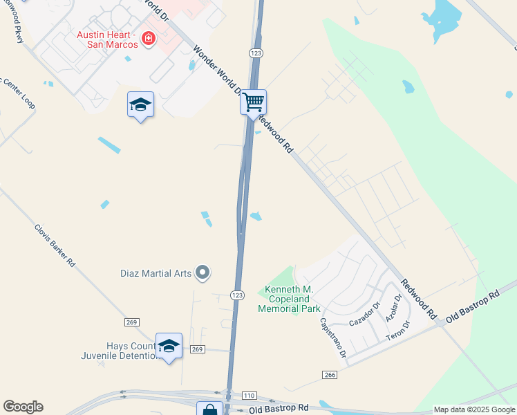 map of restaurants, bars, coffee shops, grocery stores, and more near 2101-3015 Guadalupe Street in San Marcos