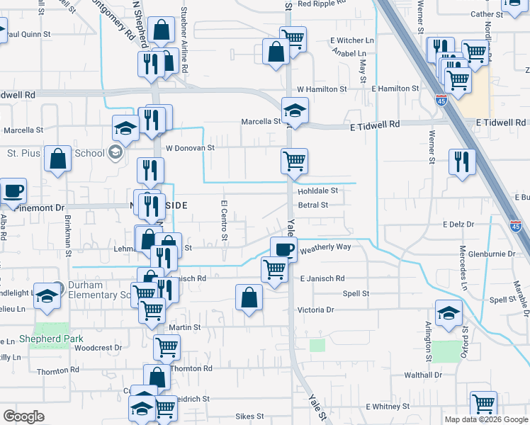 map of restaurants, bars, coffee shops, grocery stores, and more near 410 San Julio Street in Houston