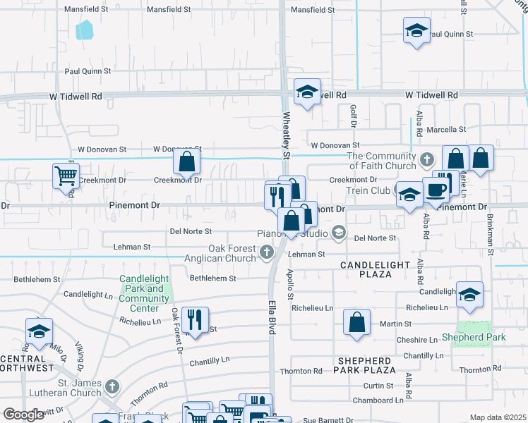 map of restaurants, bars, coffee shops, grocery stores, and more near 3337 Pinemont Drive in Houston