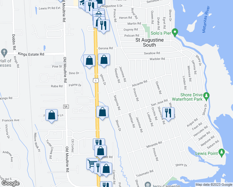 map of restaurants, bars, coffee shops, grocery stores, and more near 204 Alicante Road in St. Augustine