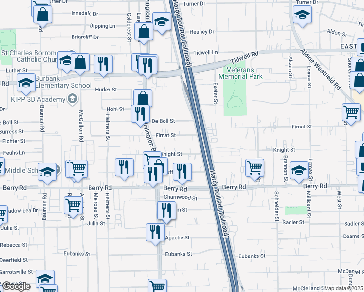 map of restaurants, bars, coffee shops, grocery stores, and more near 1318 Firnat Street in Houston