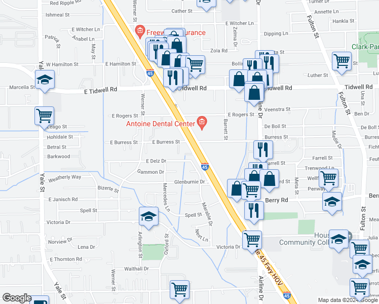 map of restaurants, bars, coffee shops, grocery stores, and more near 520 East Burress Street in Houston