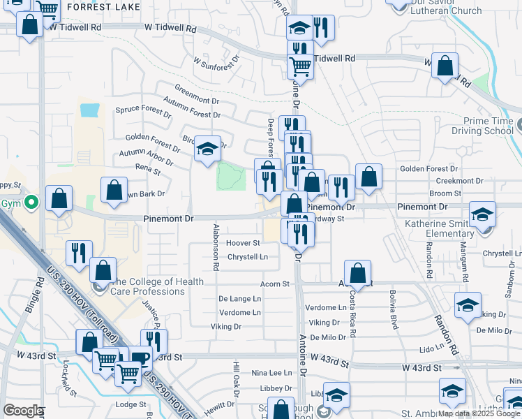map of restaurants, bars, coffee shops, grocery stores, and more near 5323 A Antoine Drive in Houston