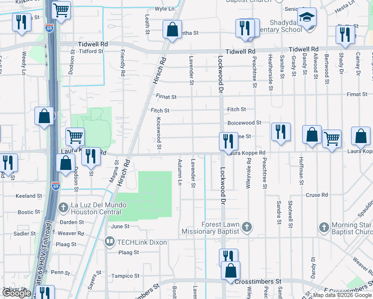 map of restaurants, bars, coffee shops, grocery stores, and more near 4621 Laura Koppe Road in Houston