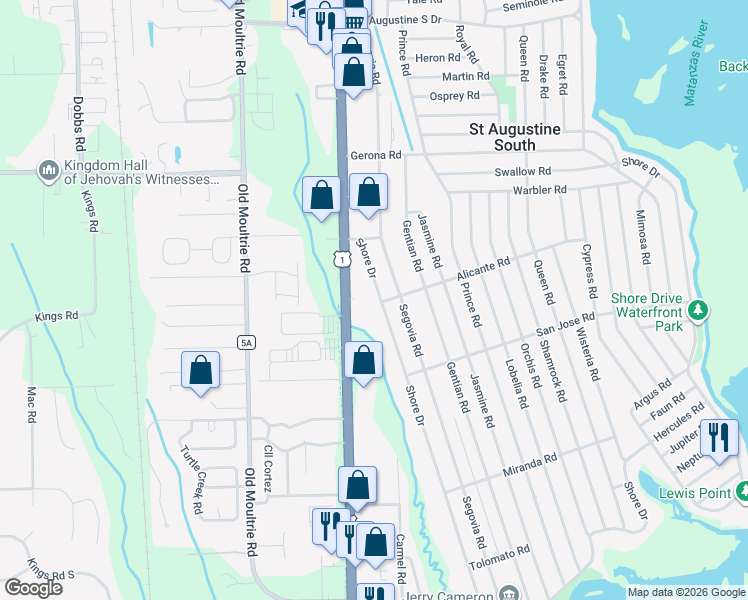 map of restaurants, bars, coffee shops, grocery stores, and more near 5401 Shore Drive in St. Augustine