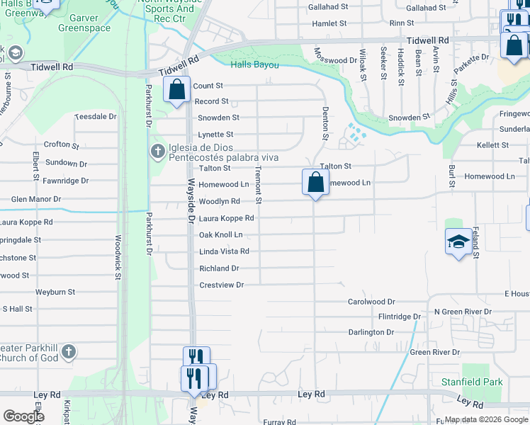 map of restaurants, bars, coffee shops, grocery stores, and more near 8105 Laura Koppe Road in Houston