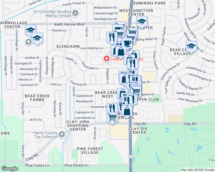 map of restaurants, bars, coffee shops, grocery stores, and more near 16335 Cairnway Drive in Houston