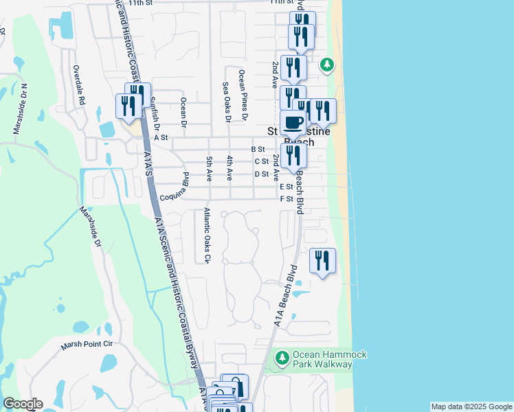 map of restaurants, bars, coffee shops, grocery stores, and more near 1012 Sea Forest Lane in St. Augustine