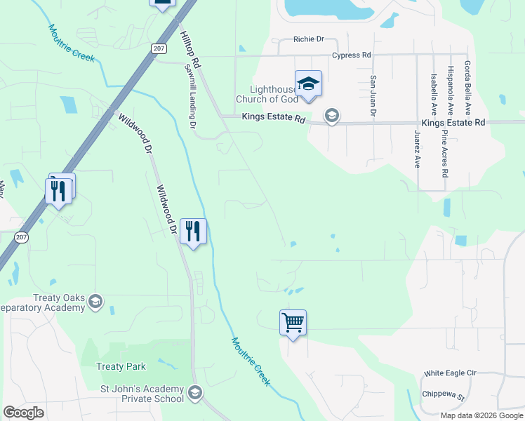 map of restaurants, bars, coffee shops, grocery stores, and more near 2925 Hilltop Road in St. Augustine