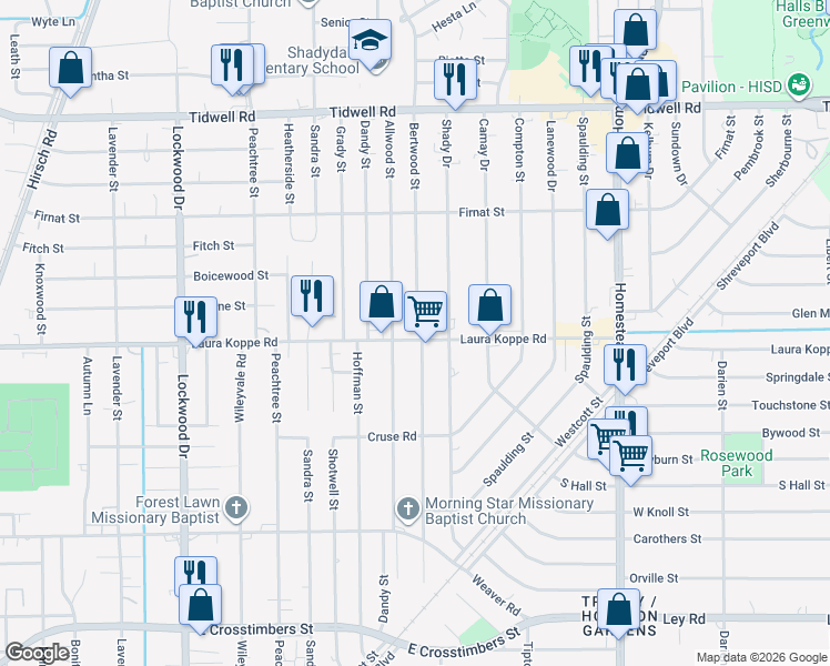 map of restaurants, bars, coffee shops, grocery stores, and more near 6021 Laura Koppe Road in Houston