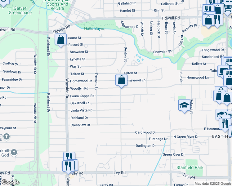 map of restaurants, bars, coffee shops, grocery stores, and more near 8830 Denton Street in Houston